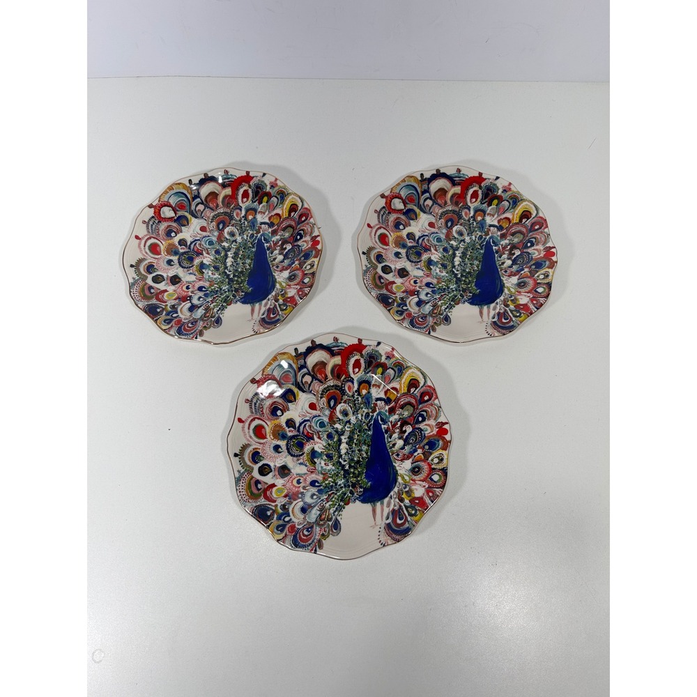 Anthropologie Starla M Halfmann Peacock White Scalloped Side Plates Set of 3